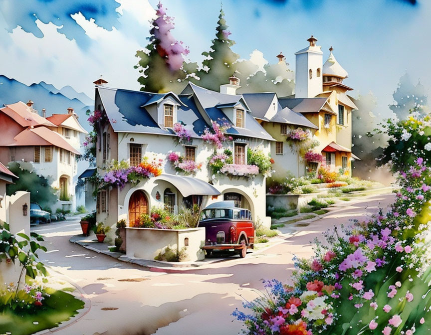 Charming village scene: colorful houses, vintage car, trees, church