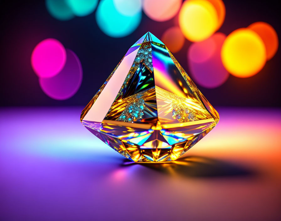 Translucent crystal with intricate facets and colorful bokeh lights