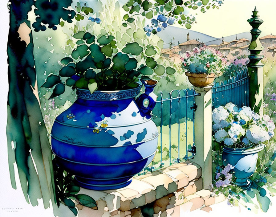 Vibrant watercolor painting of blue vase and white flowers on stone ledge