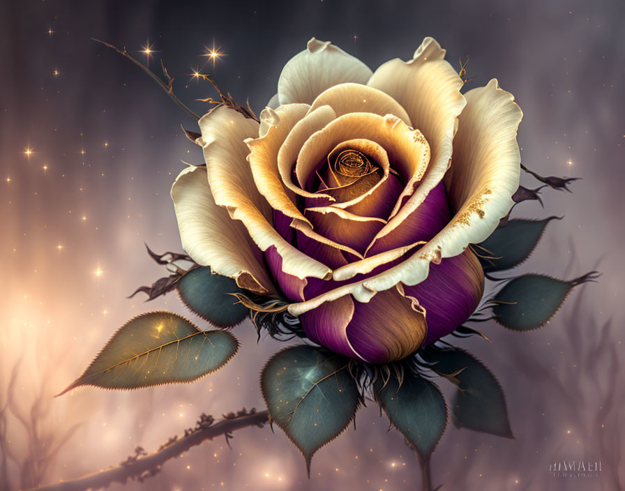 Rose digital artwork: White petals with gold tips, purple-brown base, green leaves on starlit