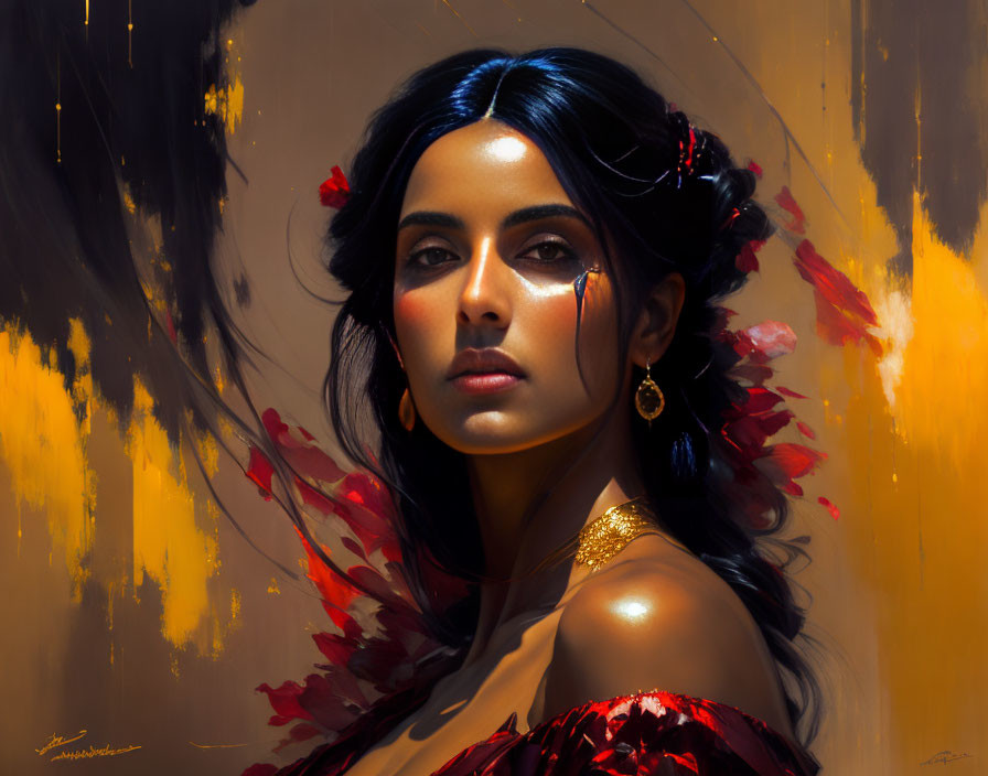 Portrait of a Woman with Dark Hair and Red Flowers in Abstract Setting