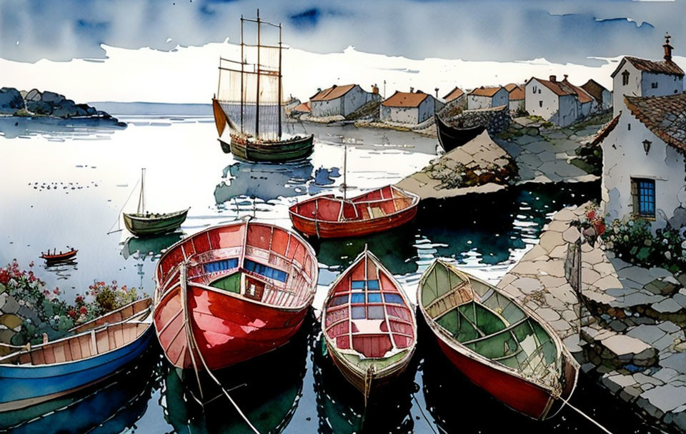 Tranquil coastal village watercolor illustration with boats and traditional houses