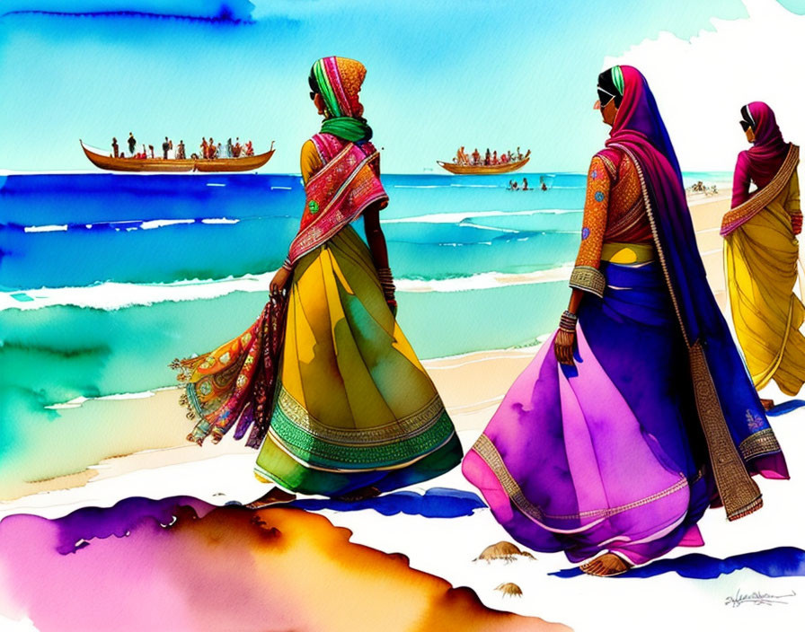 Three women in colorful traditional attire walking on beach with vibrant boat in background