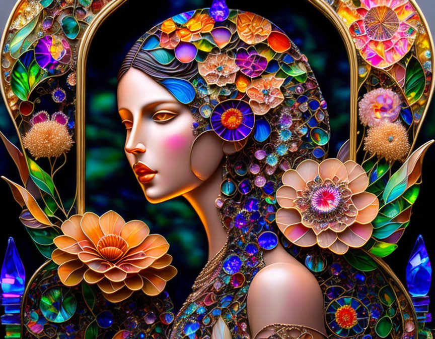 Colorful digital art of woman with floral and geometric elements on stained glass background