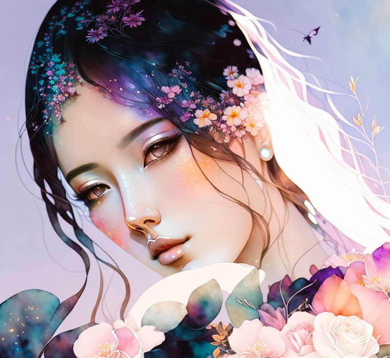 Illustrated female with cosmic and floral theme in vibrant colors