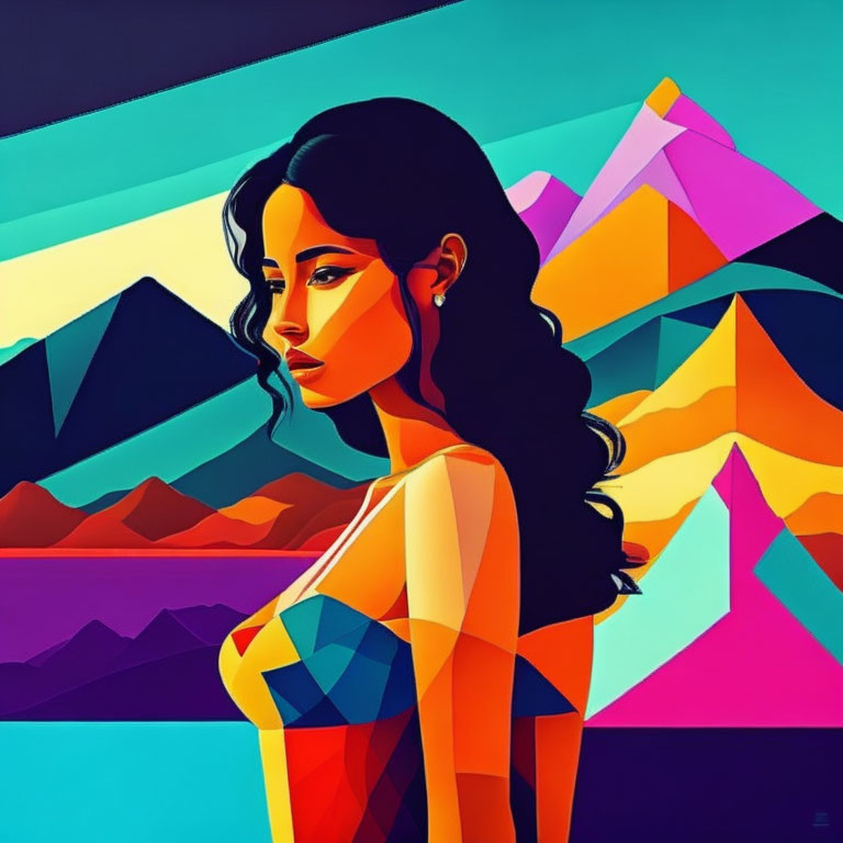 Colorful Abstract Landscape Featuring Woman with Flowing Hair