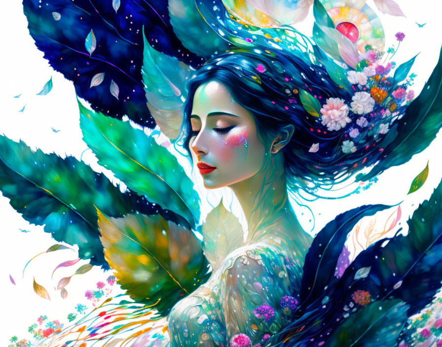 Colorful illustration: Woman with blue hair, butterflies, and flowers