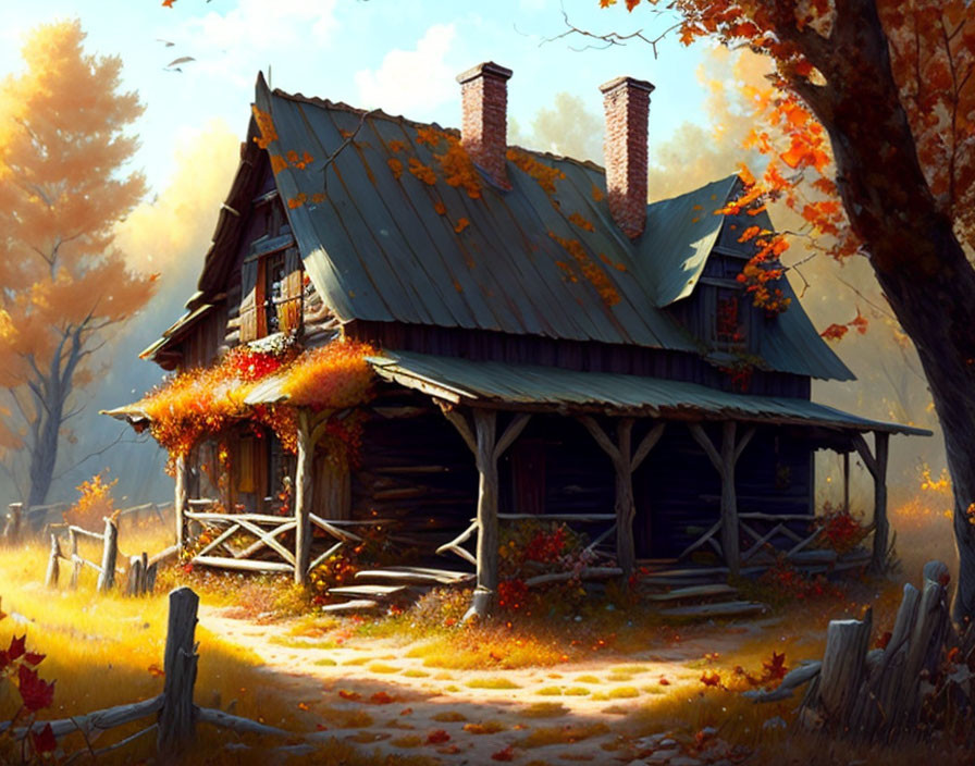 Rustic cabin in autumn foliage with sunlight filtering through trees