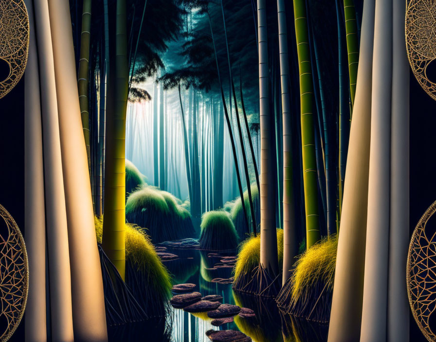 Tranquil bamboo forest with light rays on serene water