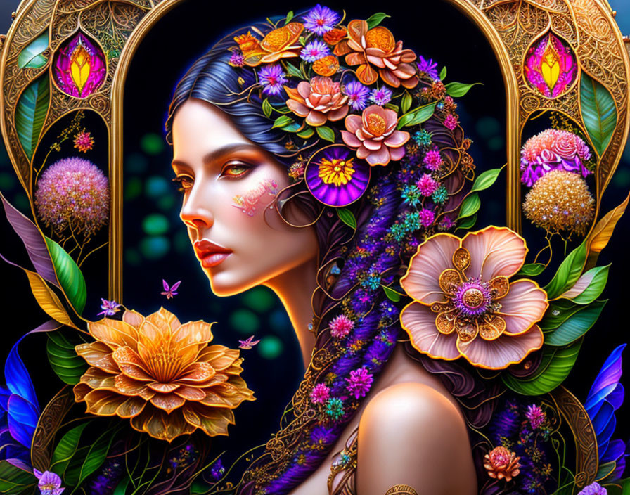 Artwork featuring woman with floral hair in golden ornate arch