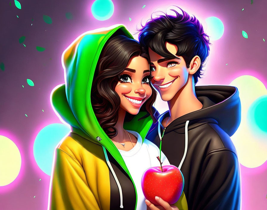 Colorful Hoodie Couple Illustration Holding Apple Smiling