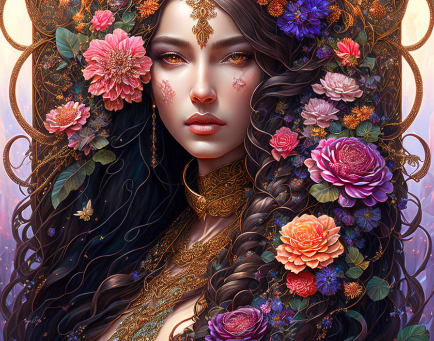 Digital artwork: Woman adorned with floral ornaments and gold jewelry, exuding mystical aura amid abundant flowers in