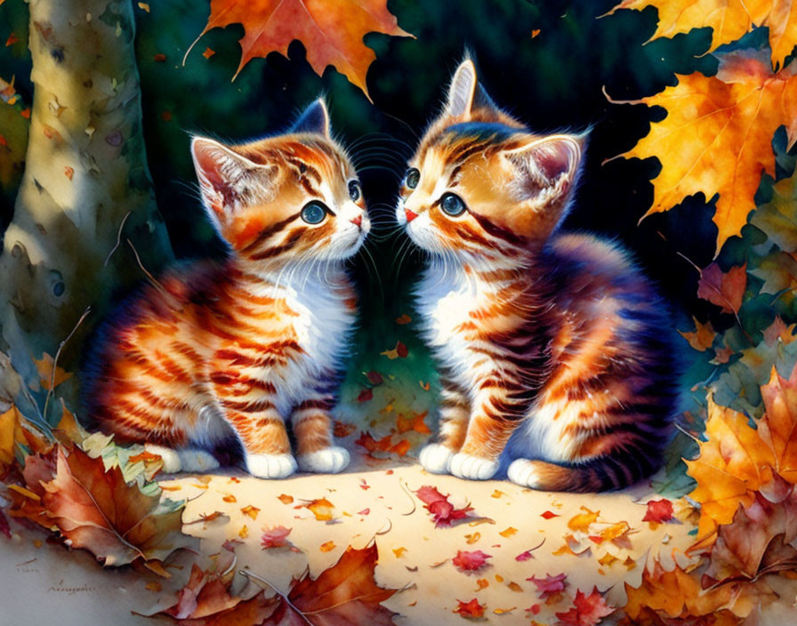 Orange and White Kittens with Blue Eyes Surrounded by Autumn Leaves