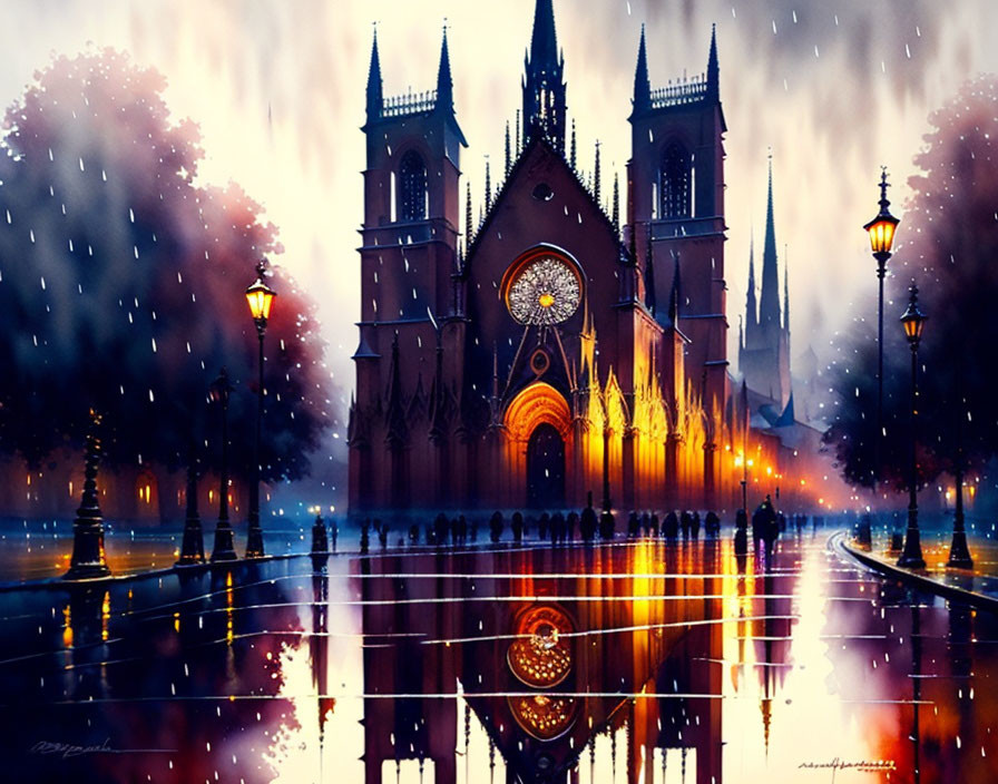 Digital artwork: Rain-soaked gothic cathedral at twilight with reflections and street lamps.