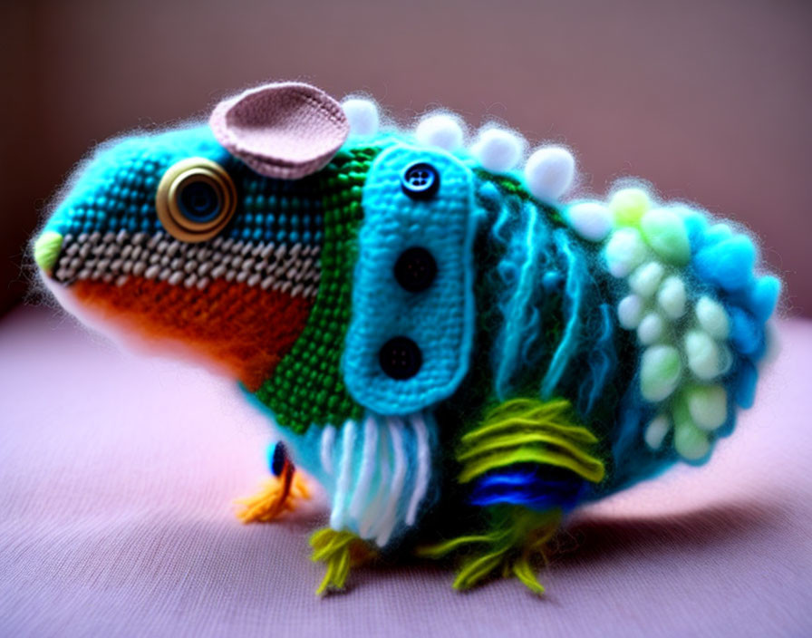 Colorful Crocheted Dinosaur Cozy for Guinea Pig with Buttons and Hat