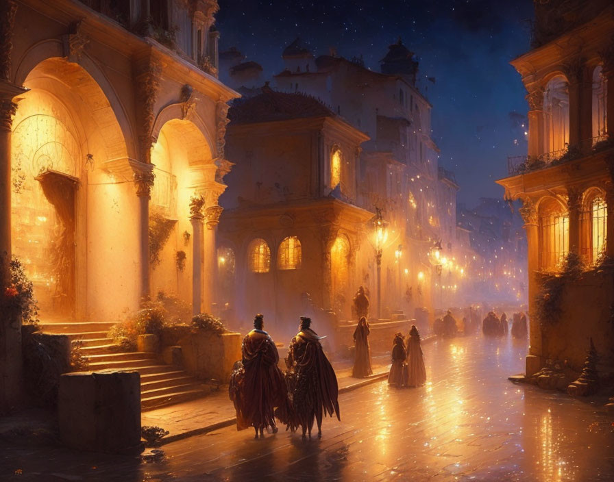 Medieval street scene with two individuals on horseback at dusk