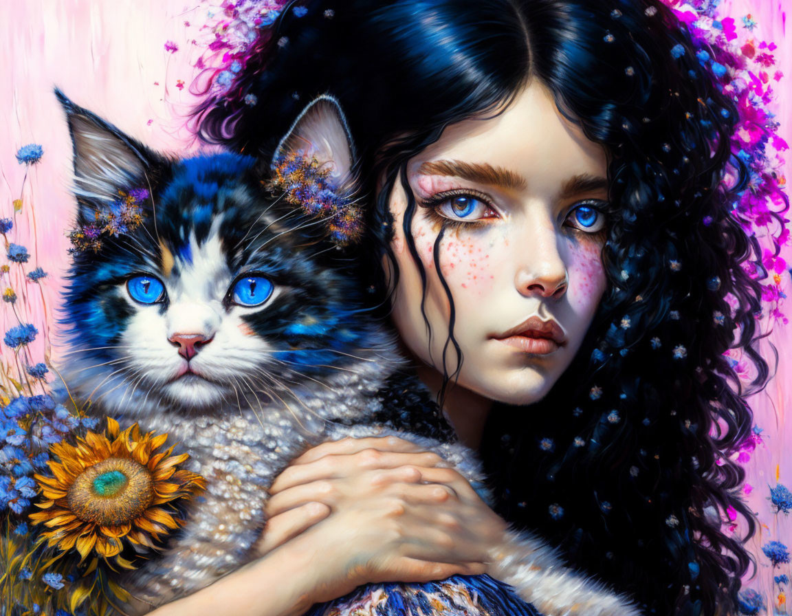 Surreal portrait of woman with dark curly hair and blue-eyed cat against pink floral backdrop