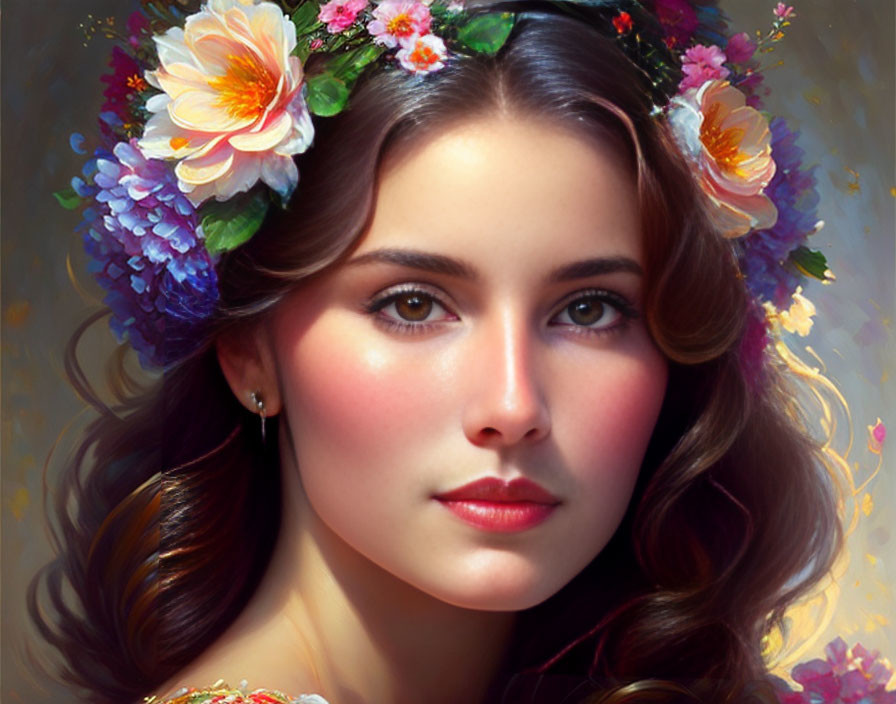 Detailed Portrait of Woman with Floral Crown and Serene Expression