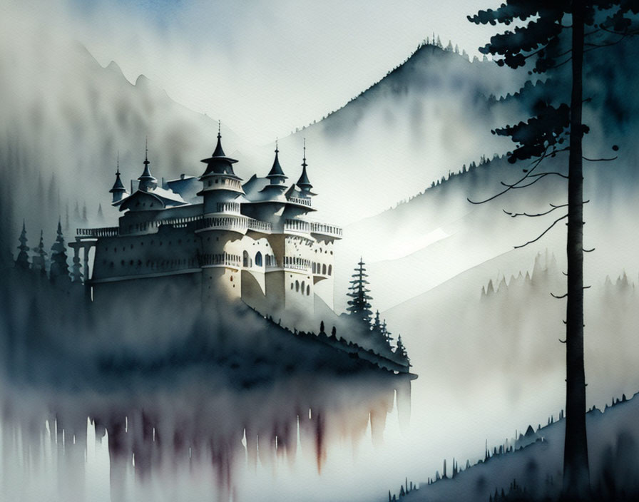 Ethereal watercolor: Misty castle in mountain forest