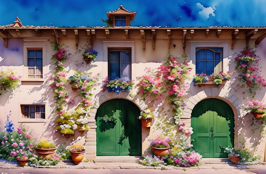 Vibrant Mediterranean-style building with green doors and colorful flowers