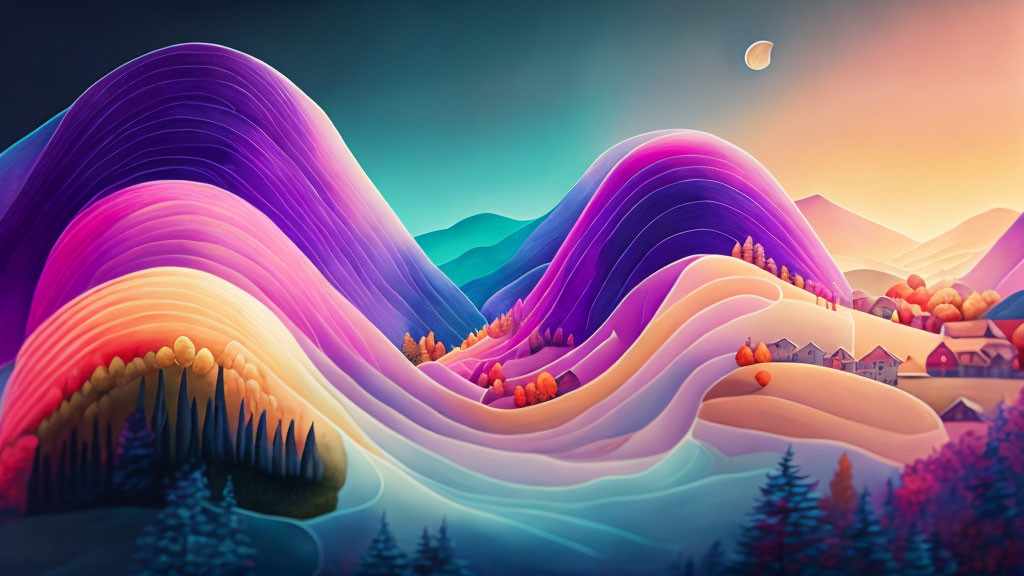 Surreal landscape: purple hills, colorful trees, village, crescent moon