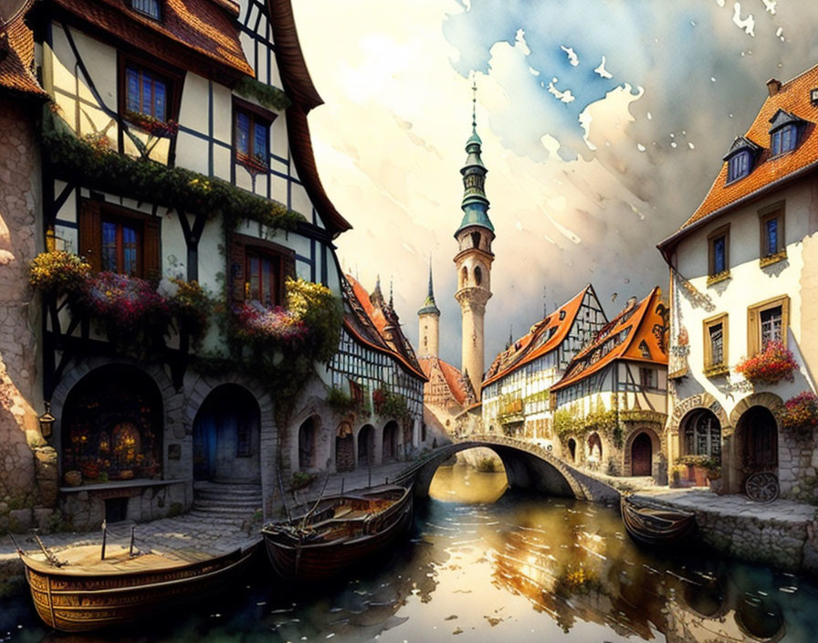 European Medieval Town: Timber-Framed Buildings, Cobblestone Bridge, Canal, Boats