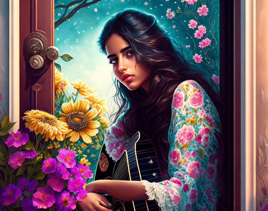 Woman with wavy hair holding guitar by window with sunflowers and night sky