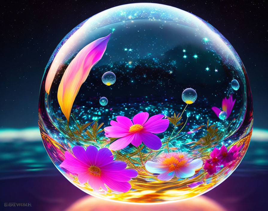 Digital art: Transparent sphere with cosmic background, floating flowers, and glowing bubbles