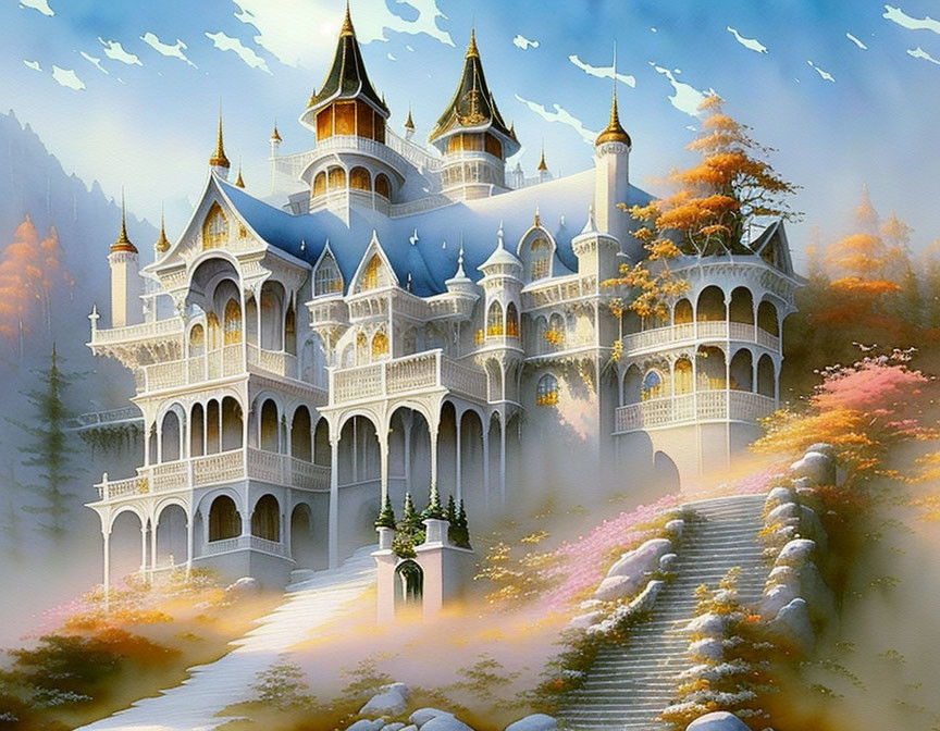 Fantastical Castle in Serene Landscape with Ethereal Atmosphere