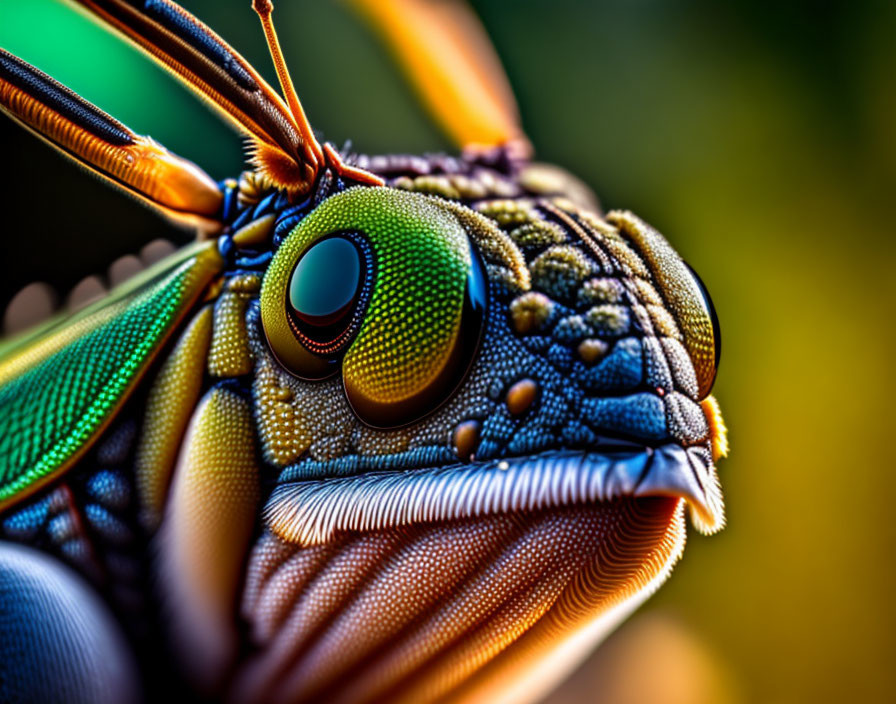 Detailed view of grasshopper's head with compound eyes, mouthparts, and antennae.