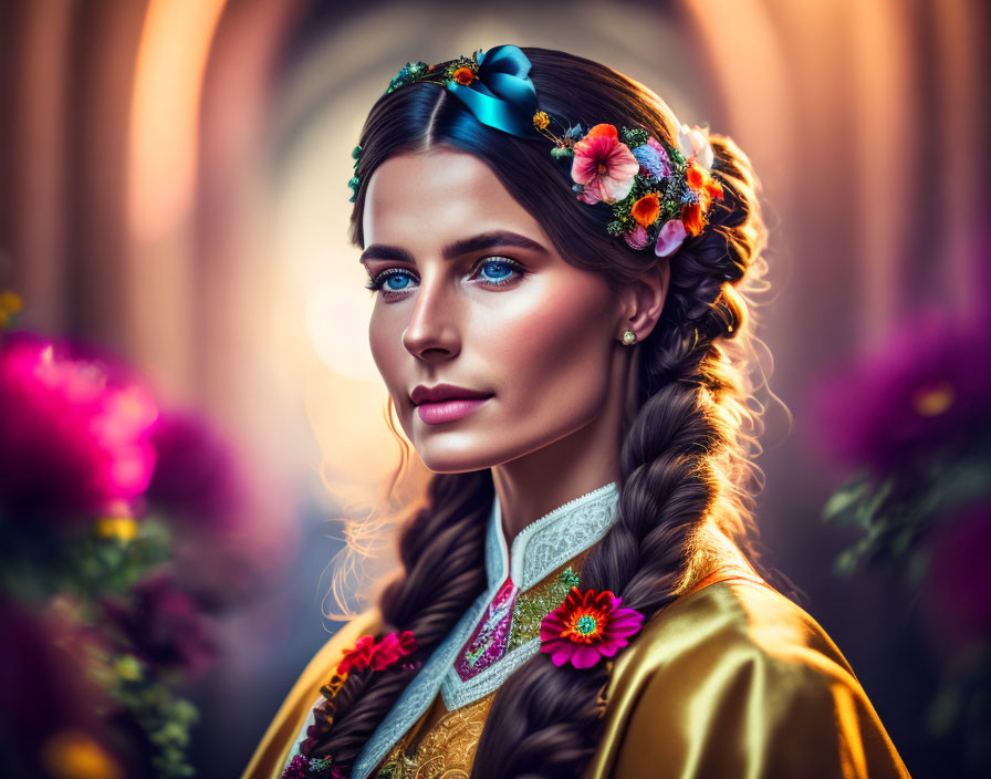 Woman with braided hair and floral hair adornments in traditional attire against blurred floral background