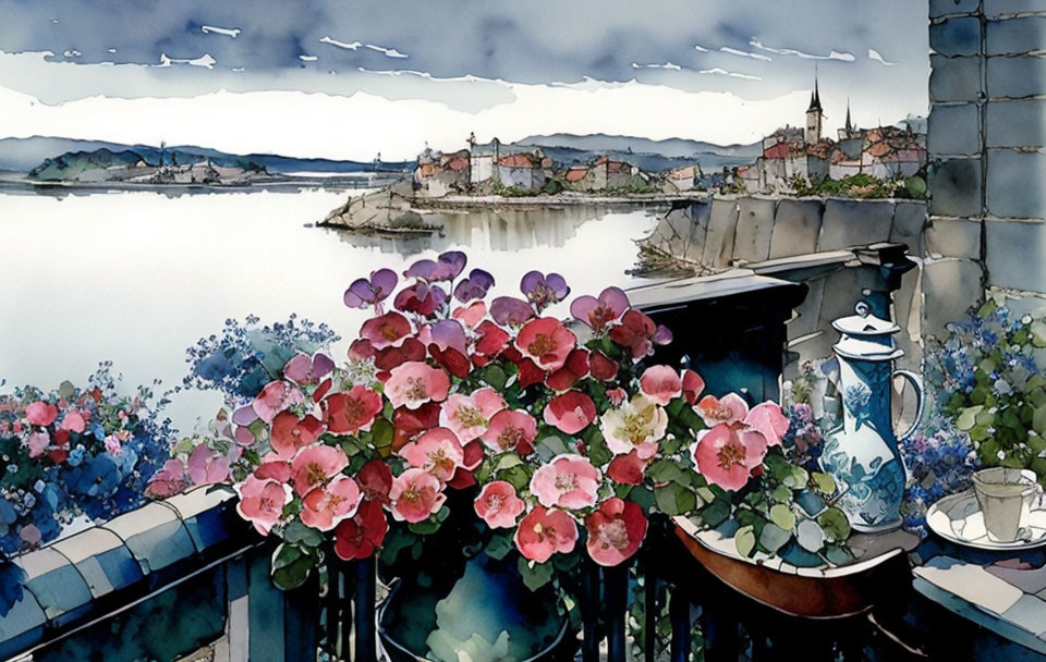 Scenic watercolor painting of lakeside town with pink flowers and teapot under cloudy sky