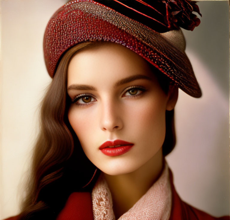 Stylish woman in red hat and lipstick with vintage fashion look