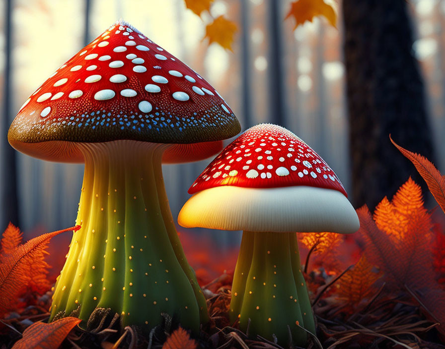 Vibrant red toadstools with white spots in autumn forest setting