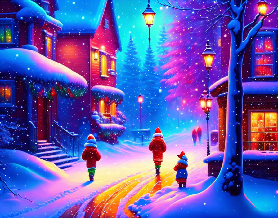 Vibrant winter night scene with snow-covered houses and glowing street lamps