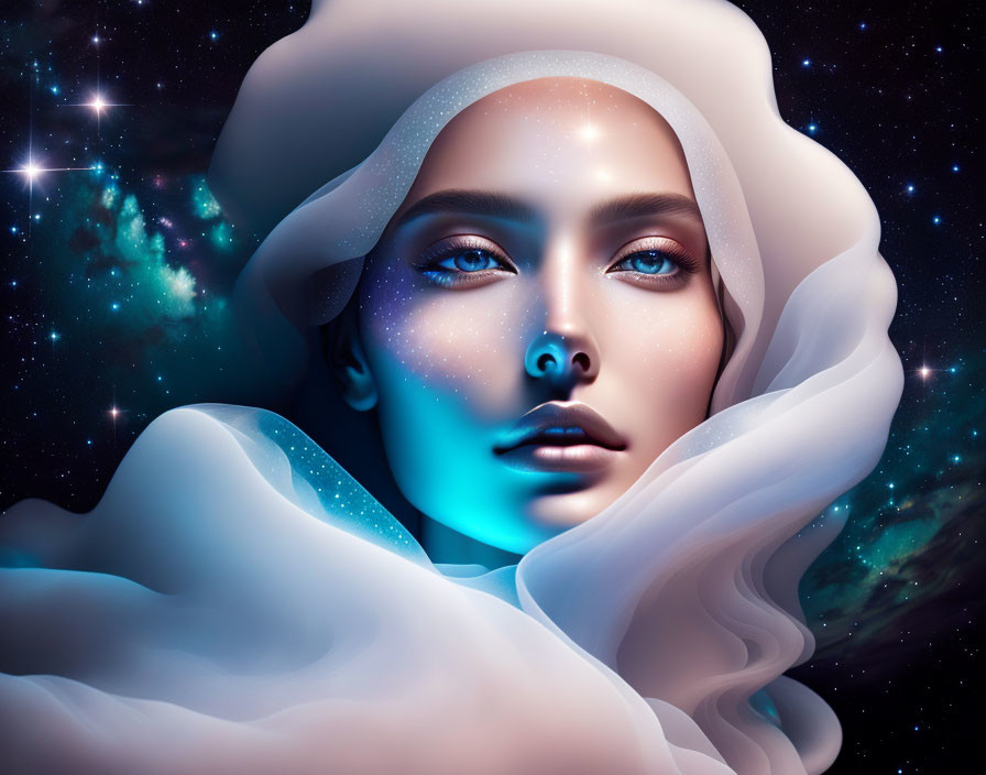 Surreal portrait of woman with cosmic features in white fabric against starry space.