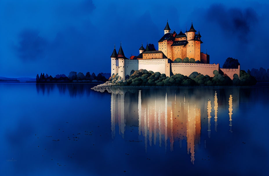 Majestic castle with towers reflected in lake under dusky sky