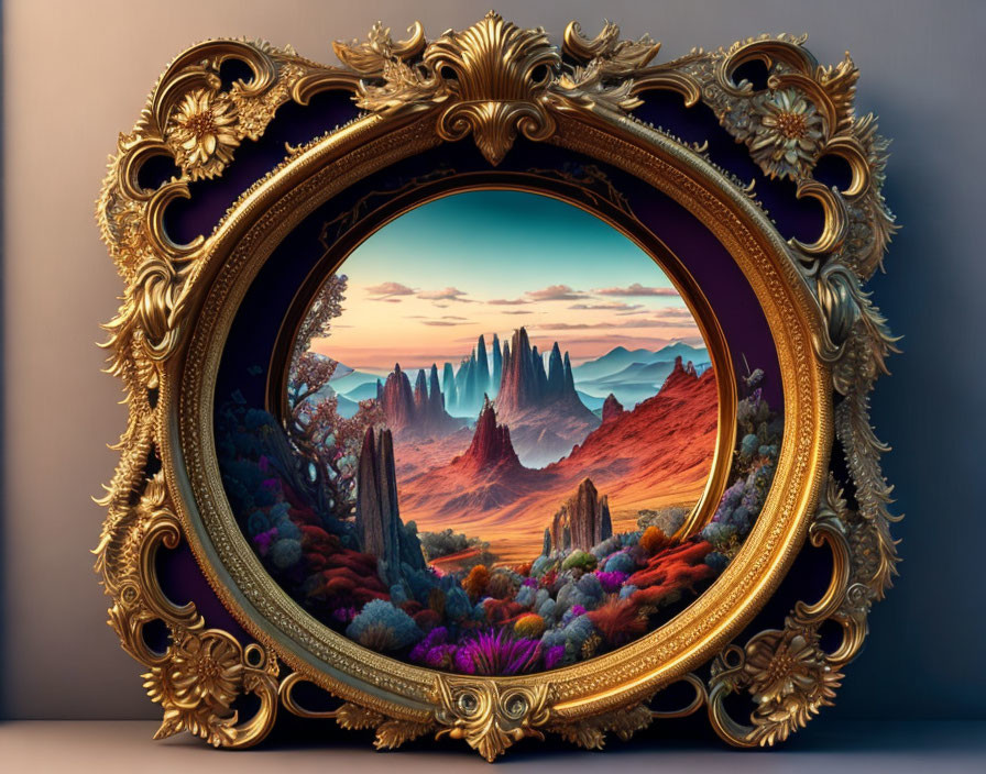 Golden Frame Surrounds Surreal Desert Landscape