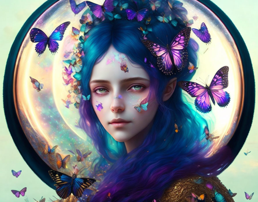 Person with Vibrant Blue Hair and Butterfly Adorned Skin in Ethereal Illustration