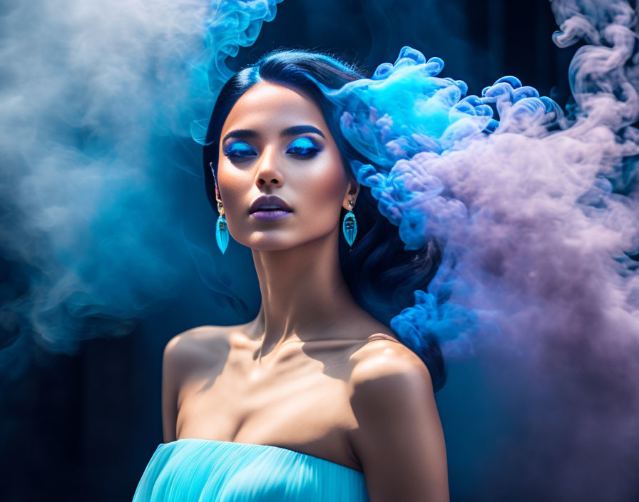 Woman with Striking Blue Makeup in Mystical Setting