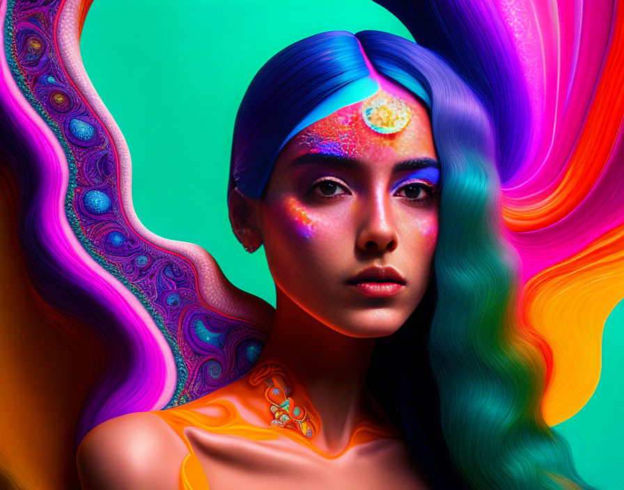 Colorful Psychedelic Background with Woman in Vivid Makeup