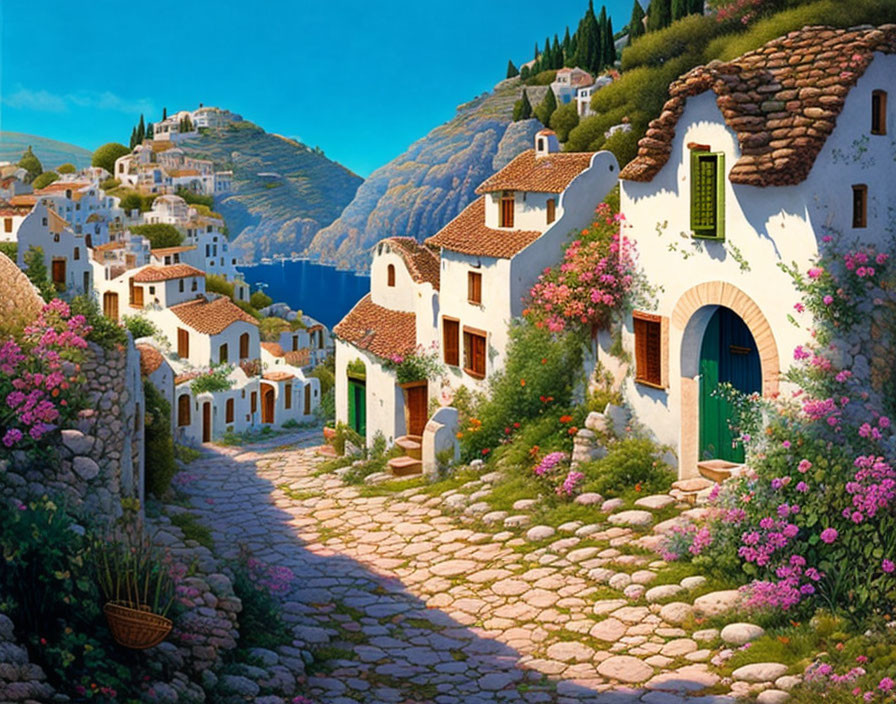 Colorful Mediterranean Village with Stone Houses & Cobblestone Pathways