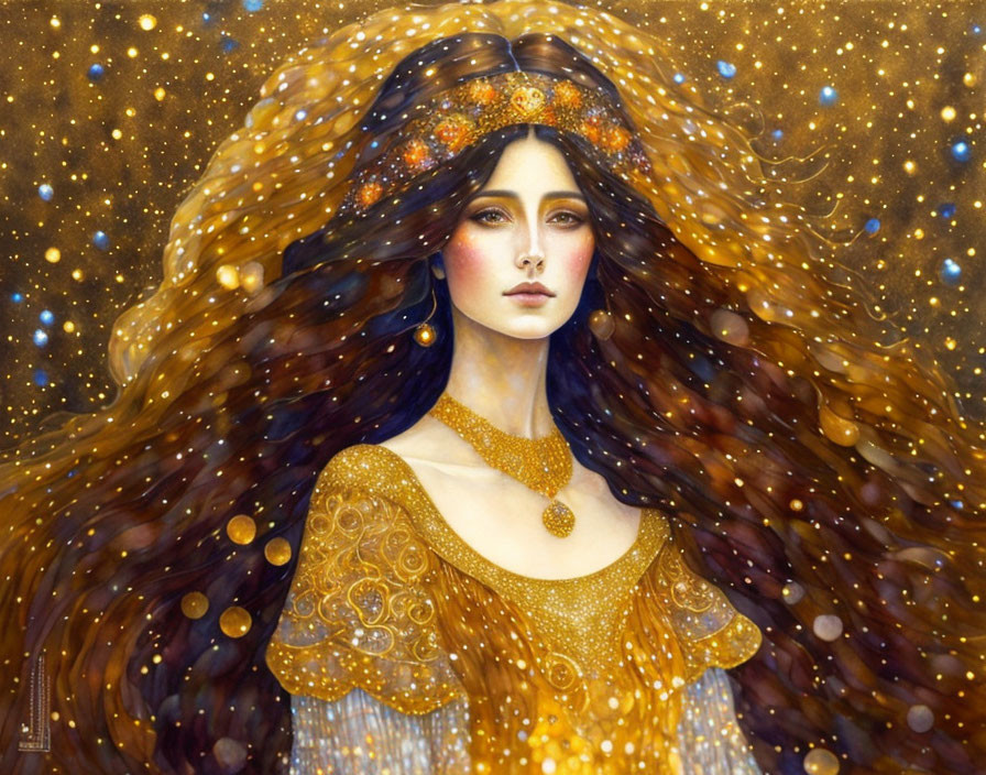 Portrait of Woman with Wavy Hair in Cosmic Setting