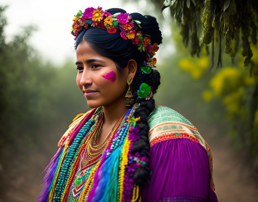 Traditional Attire Woman with Floral Headpiece and Face Paint