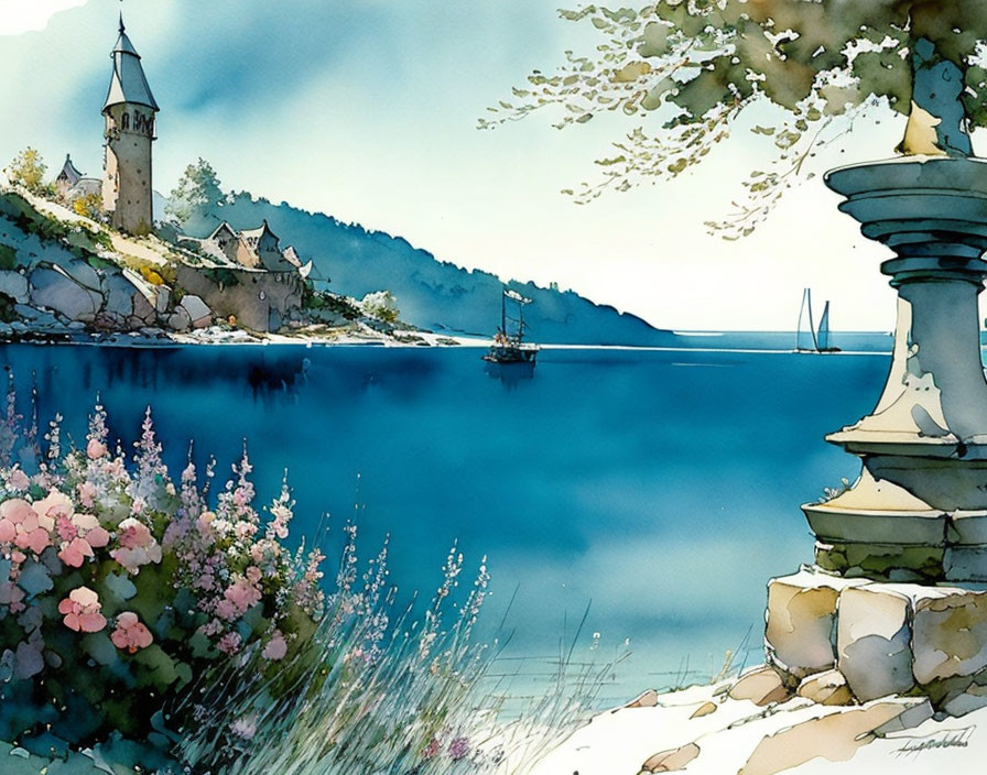 Serene lakeside watercolor with castle tower, boats, flowers.