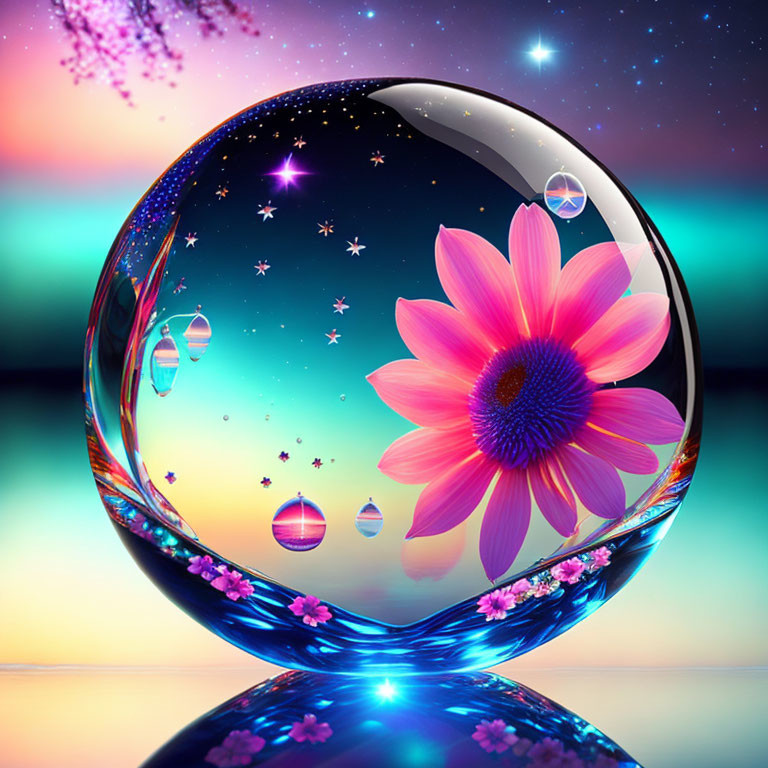 Colorful cosmic scene in crystal ball with pink flower, floating bubbles, and starry twilight backdrop