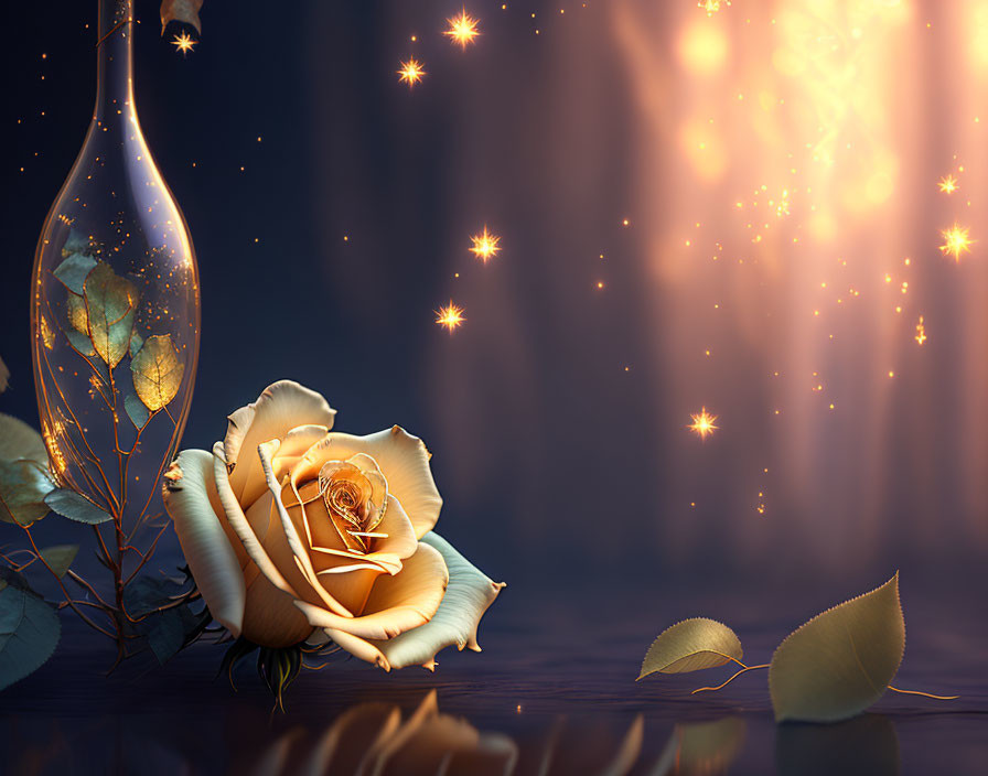 Golden rose and glowing particles on mystical backdrop