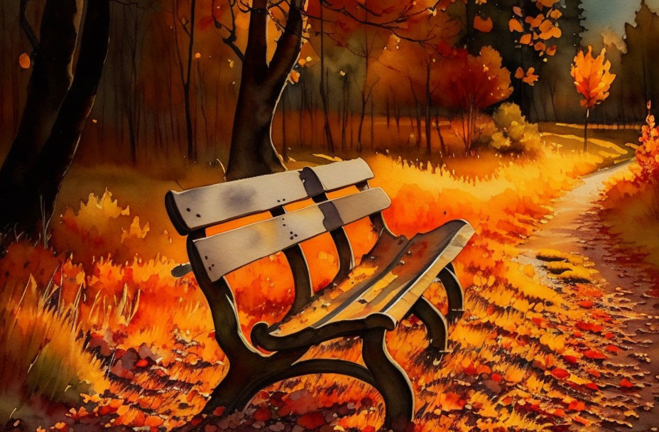 Autumn park bench watercolor painting with vibrant foliage and winding path