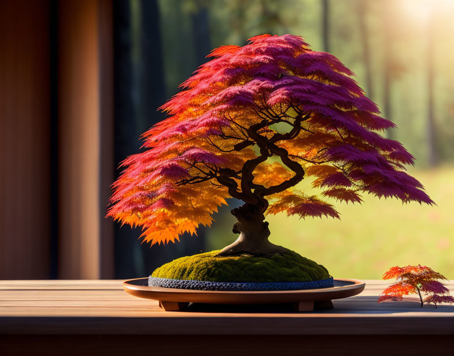 Colorful bonsai tree on wooden table by forest view