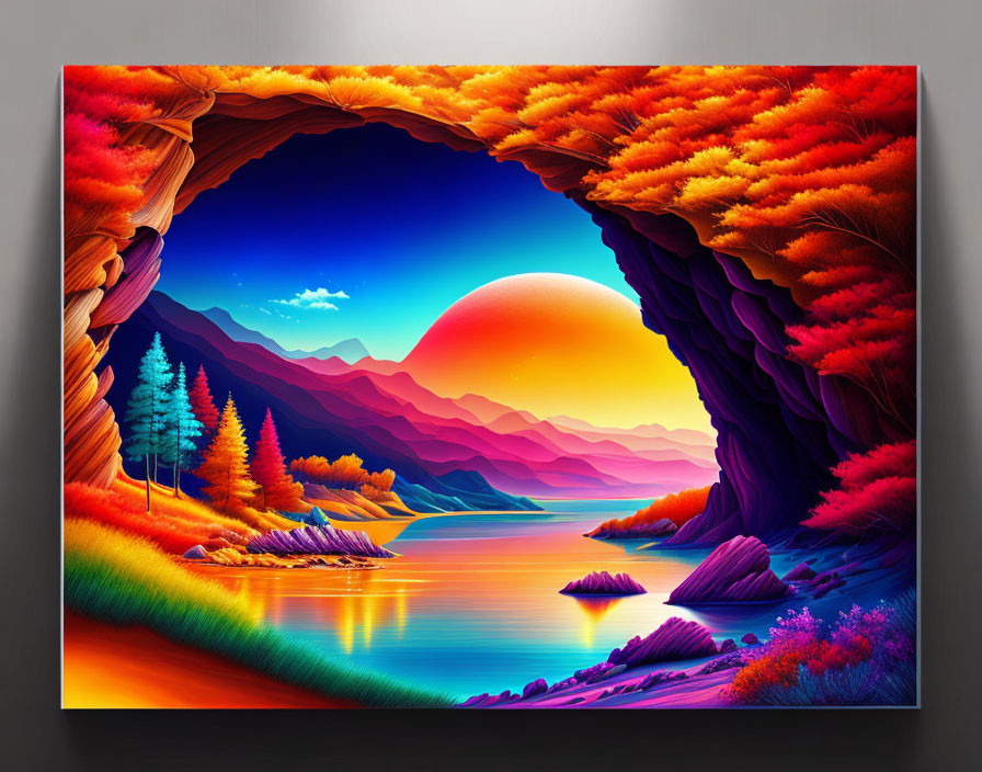 Colorful Landscape with Sunset, Sun, Mountains, River, Trees, and Cave View